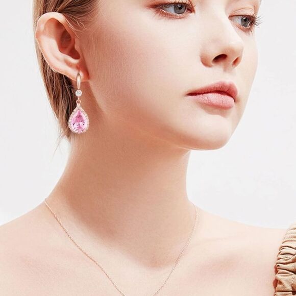 14K Rose Gold with Pink Sapphire Cubic Zirconia Teardrop Hook Dangling Earrings - Picture 3 of 5